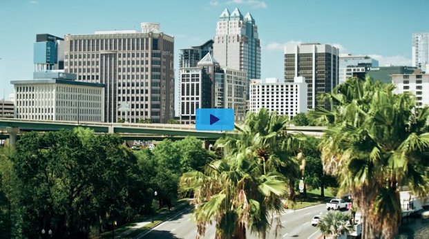 Video thumbnail of a city skyline with tall buildings behind a palm-tree-lined park and highway
