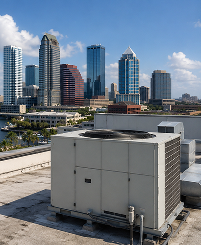 Rooftop HVAC unit in the foreground with a downtown skyline of tall glass buildings under a blue sky.